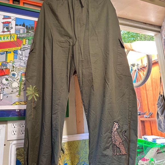 Never Fully Dressed Army Olive Green Flare Pants with custom embroidery - Picture 1 of 6